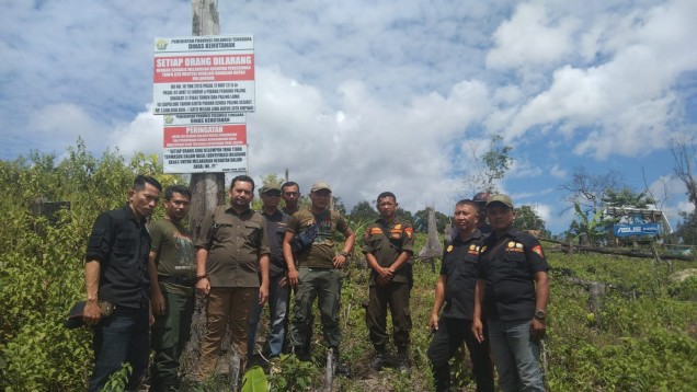 "Dharma Prayudi Raona, Kepala Bidang Perlindungan Hutan dan Konservasi Sumber Daya Alam Dishut Sultra beserta Polhut saat memasang pengumuman di areal KTH Baruga Bersatu